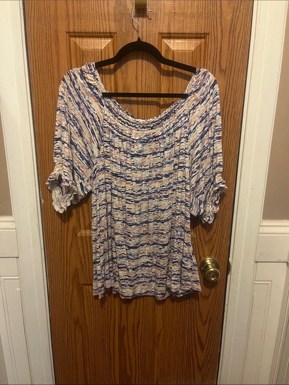 LuLaRoe Blue and Cream Smocked Scoop Neck Tunic